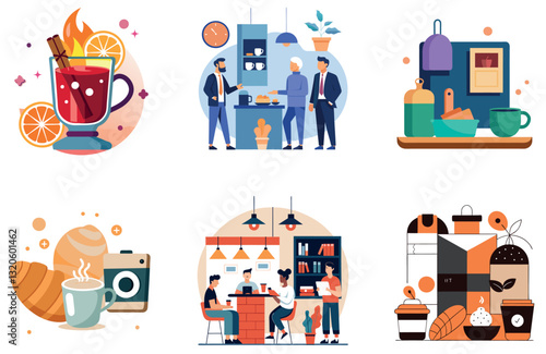 Modern Workspace Bundle. Coffee Mug Collection Stickers