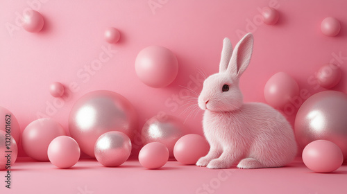 Pink Easter bunny with decorative spheres in pastel setting Cute Easter Bunny illustration design, Easter Rabbit and Egg Blank Background, Copy Space, Space For Text
