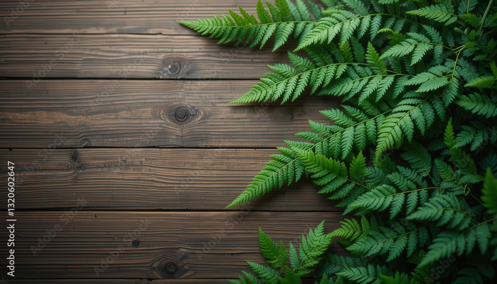 Lush green ferns on rustic wooden surface create serene atmosphere Lush green ferns on rustic wooden surface create serene atmosphere