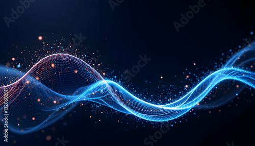 A clean and minimalist digital artwork depicting a stylized data wave with glowing particles, set against a dark background