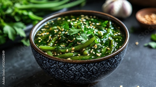 Black and white patterned bowl filled with a green dish. the dish appears to be a type of stir-fry, as there are small pieces of green vegetables mixed in with sesame seeds and herbs.