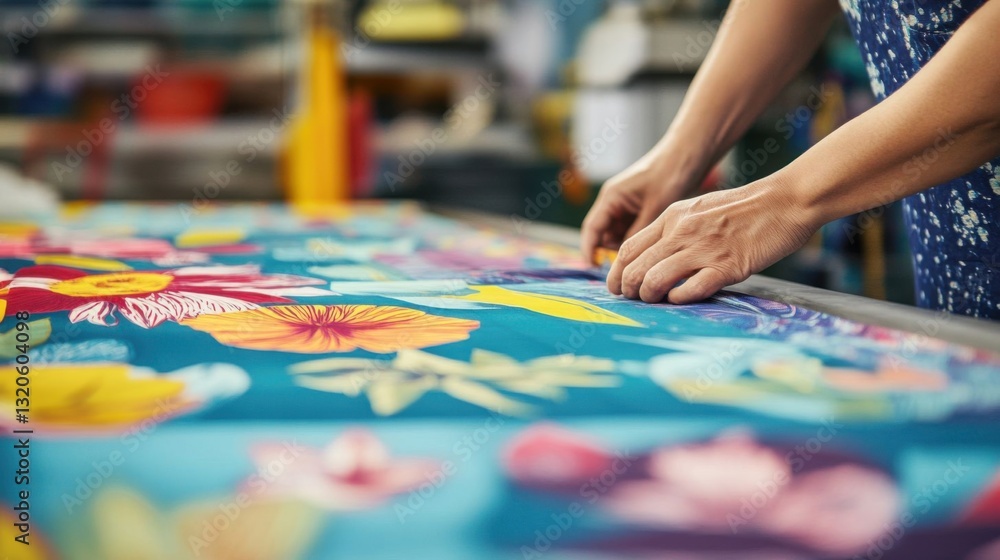 Fototapeta premium Hands working on vibrant fabric.