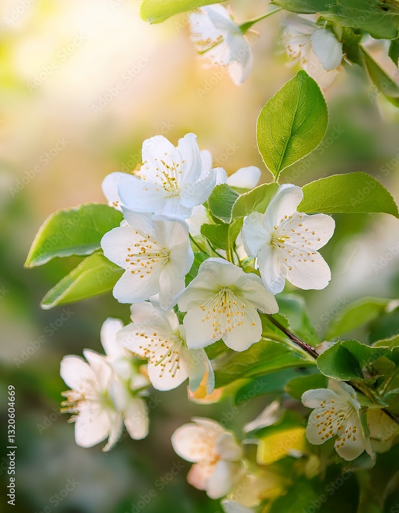 Obraz premium Spring Blossoms in Sunlight with Fresh Green Leaves and a Soft Natural Background