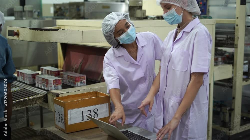 Canned fish factory workers are checking canned food products packed in boxes in an industrial factory before they are exported to sell around the world. Canned fish factory workers are checking canned food products packed in boxes in an industrial factory before they are exported to sell around the world.