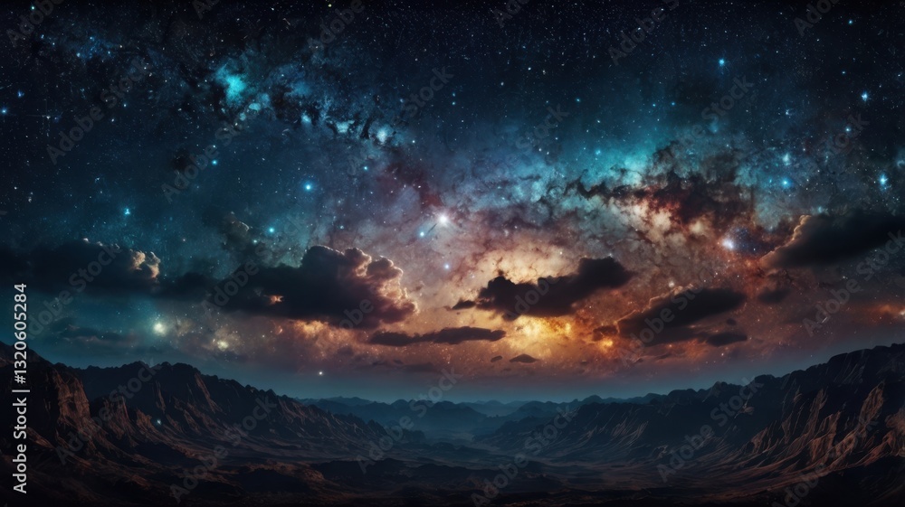 Fototapeta premium A breathtaking panoramic view of a starry night sky filled with twinkling stars and drifting clouds, capturing the beauty and vastness of the universe.