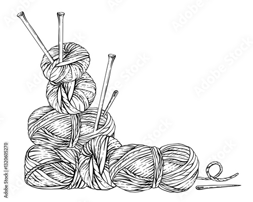 Skeins of knitting thread, balls of yarn with sewing needles and pins. Vector line art hand drawing needlework illustration. Hobby knitting clipart for handmade product label isolated from background