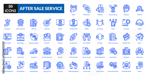 After sale service blue icon collection set. Includes warranty, support, repair, maintenance, feedback, care, upgrade, return, exchange, satisfaction, hotline, assistance, replacement, guarantee