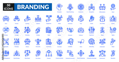 Branding blue icon set collection. Brand, ambassador, audience, credibility, identity, recognition, marketing, strategy, target, reputation, loyalty, competitive advantage, product