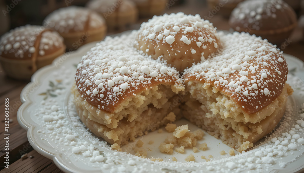 Delicious Round Cake with Powdered Sugar Displayed on Decorative Plate Delicious Round Cake with Powdered Sugar Displayed on Decorative Plate