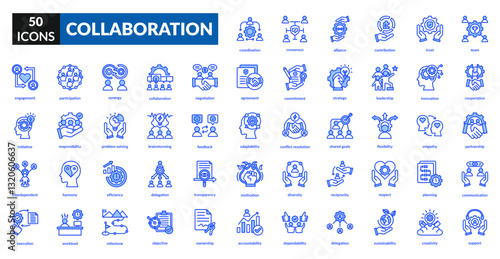 Collaboration blue icon set collection. Agreement, commitment, harmony, problem solving, partnership, participation, strategy, leadership, motivation, coordination, execution