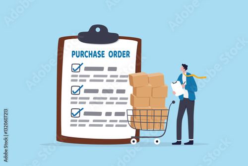 Purchase order shopping retails, procurement checklist or online store delivery, consumer product and service, marketing sale or payment concept, businessman procurement checking purchase order.