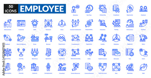 Employee blue icon collection set. Includes team, staff, worker, personnel, colleague, manager, intern, supervisor, leader, recruiter, professional, assistant, administrator, associate, consultant