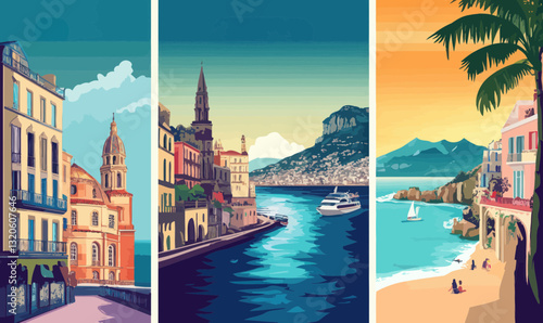 Retro Travel Destination Posters: Paris, Amalfi Coast, San Juan - Vintage Vector Art