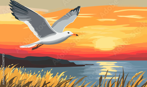 Seagull in Flight over Coastal Heath at Sunset: Minimalist Summer Ocean Scene