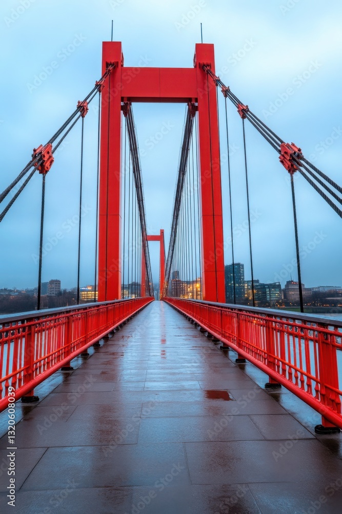 A striking red suspension bridge stretches across the city skyline at dusk A striking red suspension bridge stretches across the city skyline at dusk