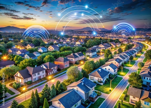Aerial Panoramic View: Suburban Homes Connected by Digital Fiber Optics & WiFi