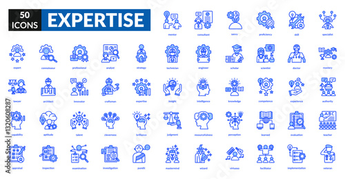 Expertise blue icon set collection. Analyst, knowledge, veteran, mastery, professional, skill, experience, proficiency, talent, ability, competence, specialist, expert