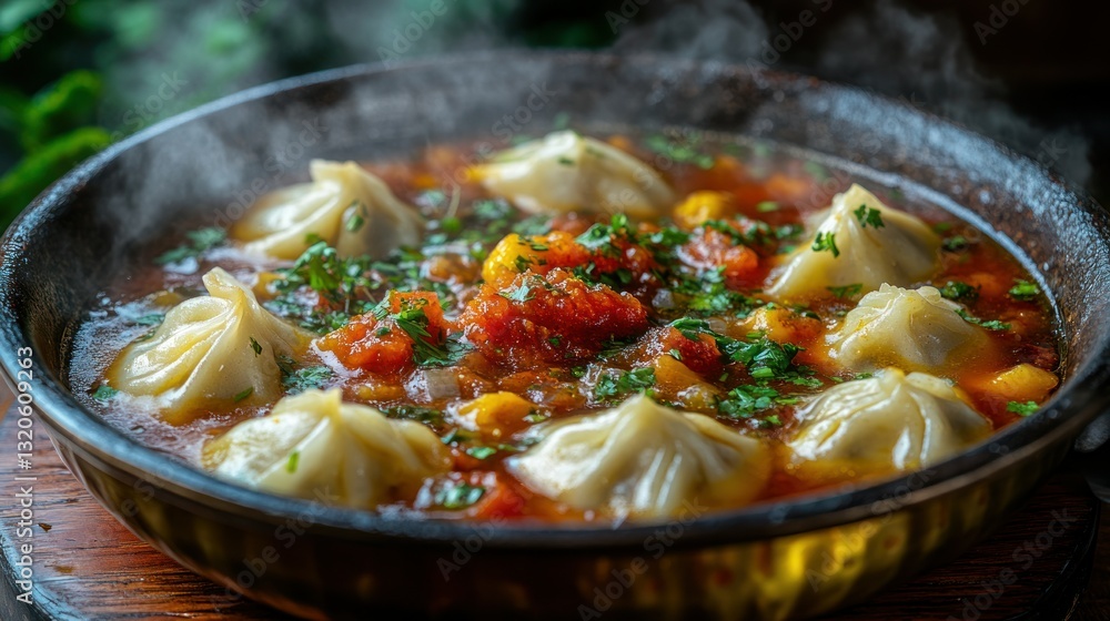 Steaming dumplings in a rich tomato broth Steaming dumplings in a rich tomato broth