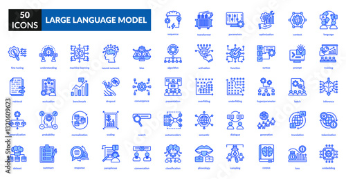 Large language model blue icon set collection. Activation, response, prompt, classification, sampling, generation, model, learning, chatbot, data, algorithm