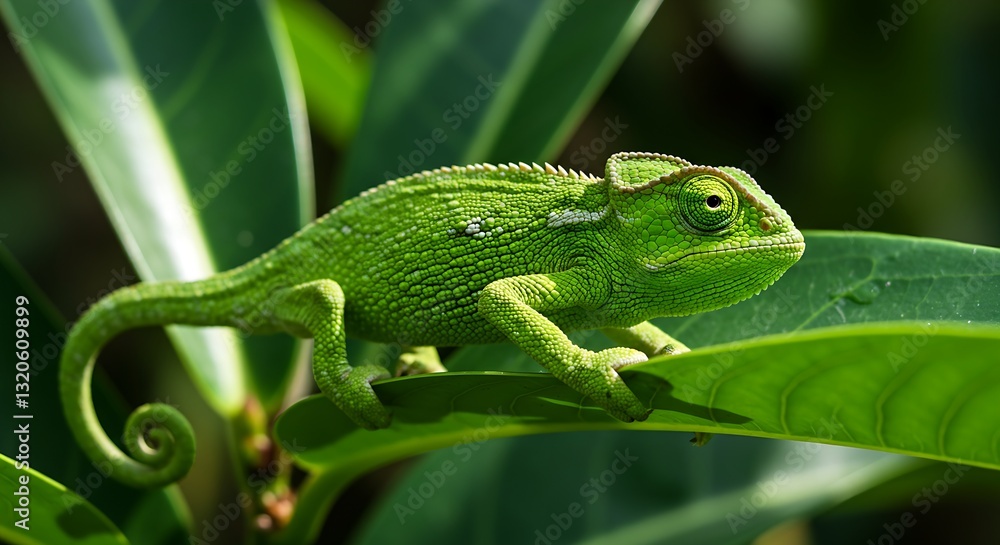 Fototapeta premium A chameleon blending perfectly with a green leaf, its skin mimicking the natural texture.