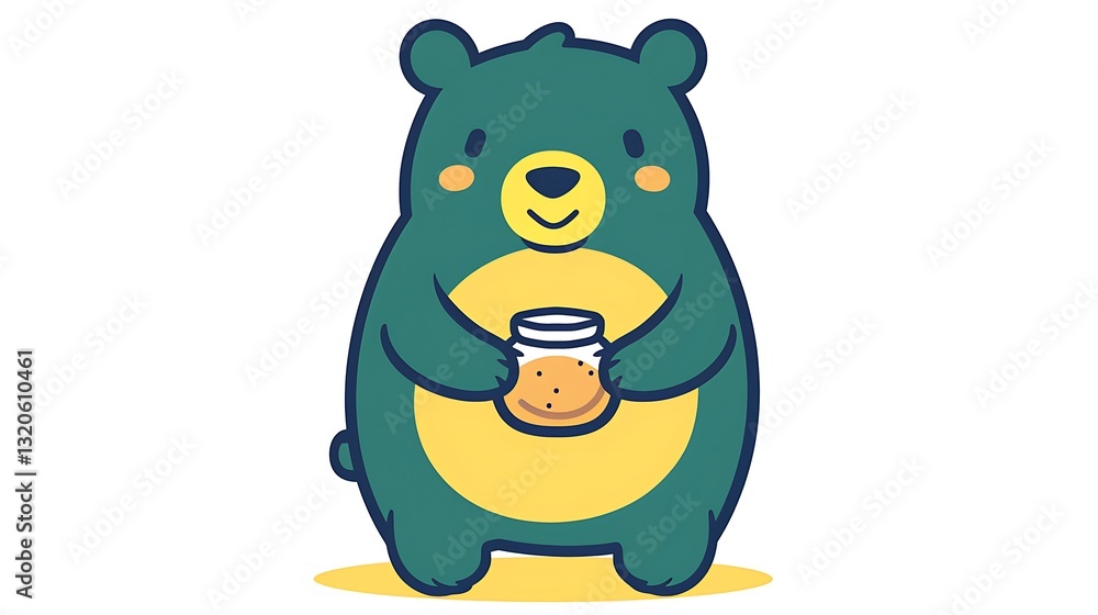 Obraz premium A friendly cartoon bear character outlined in green and yellow lines, holding a honey jar while smiling happily, drawn in a colorful line drawing style on a clean white background, 8k UHD, suitable 