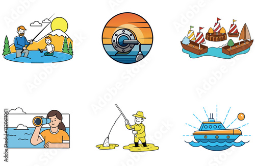 Overcast Sky Deep Sea Fishing Bundle. Underwater Image Collection Icons