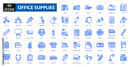 Office supplies blue icon set collection. Stationery, pen, pencil, notebook, paper, folder, stapler, clip, ruler, eraser, scissors, highlighter, tape, calculator, envelope, binder, marker
