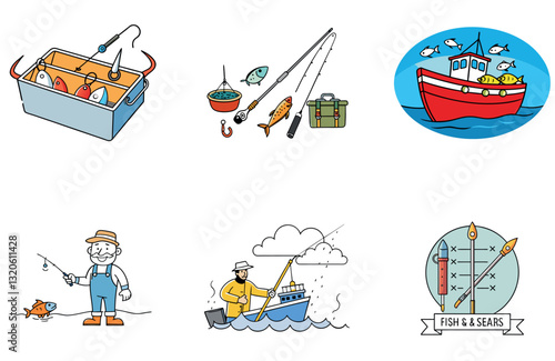 Casting a Line. Vibrant Watercolor Fishing Bundle Collection Icons