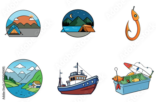 Rushing River Fishing Bundle. Brown Trout Catch Collection Icons