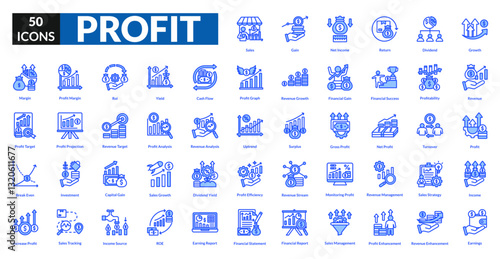 Profit blue icon collection set. Includes growth, revenue, income, success, gain, sales, investment, earnings, finance, wealth, chart, increase, money, value, market