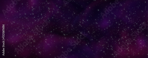 Outer space background with purple nebula and dense field of stars. White sparkle patterns on cosmic expanse. Deep universe starry texture for astronomy presentation or magical night sky illustration
