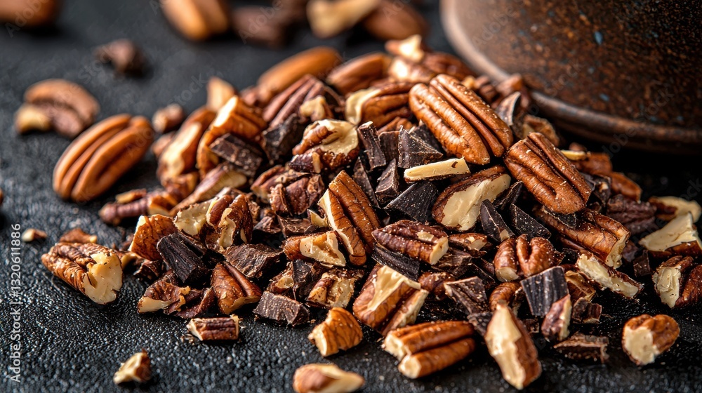 Pile of chopped pecans on a black surface. there are several pieces of chocolate scattered around the pile, some of which are dark brown in color and some are lighter in color. Pile of chopped pecans on a black surface. there are several pieces of chocolate scattered around the pile, some of which are dark brown in color and some are lighter in color.