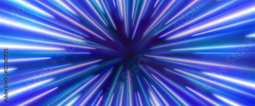 Speed line effect with radial perspective in blue and purple. Dynamic light streaks bursting from central point creating motion illusion. Visual element for hyperspace travel or fast action background