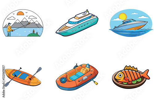 Golden sunset fishing bundle. a serene lake collection Icons