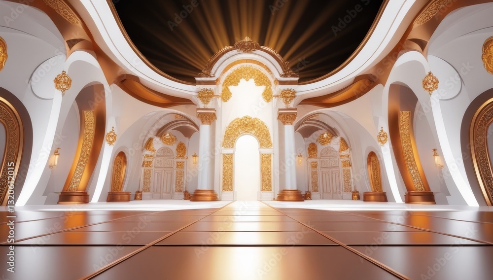 White golden ceremony award stage venue background.
