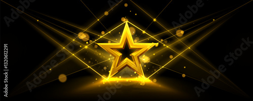 Gold 3d star on black background with glowing light rays and bokeh particles. Award symbol surrounded by luminous geometric lines and shimmering effects. Premium design element for winner ceremonies.
