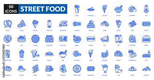 Street Food blue icon collection set. Includes vendor, cart, snack, grill, skewer, noodle, wrap, burger, taco, kebab, dumpling, soda, sauce, fries, seafood
