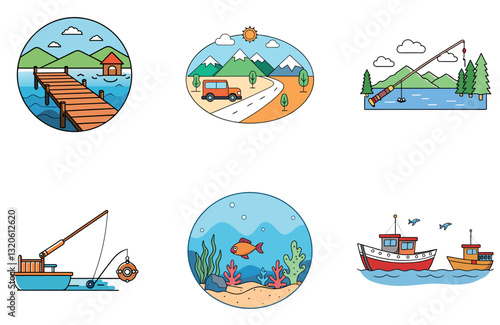 Man Rowing Boat. Sunset Bundle Fishing Collection Icons