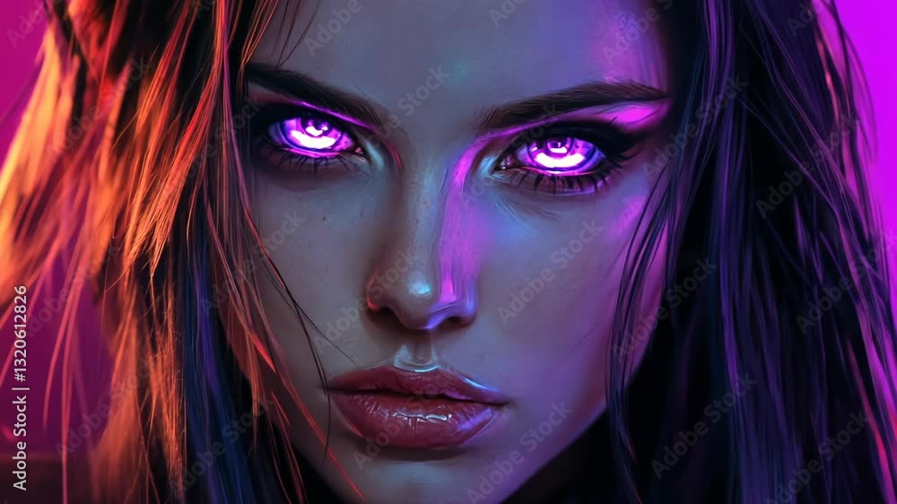 Digital portrait featuring a woman with striking purple eyes and vibrant hair under neon lighting Digital portrait featuring a woman with striking purple eyes and vibrant hair under neon lighting