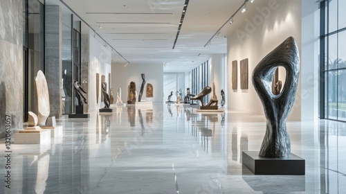 A spacious gallery showcasing modern sculptures.