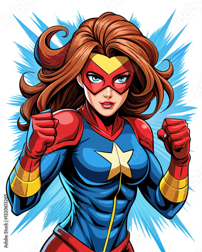 Pop art comic book style super heroine punching on a white background