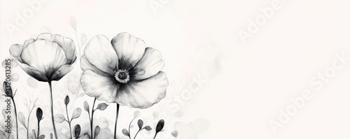 Ink illustration abstract background idea. Elegant black and white illustration of delicate flowers with soft background.