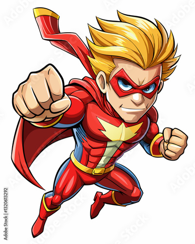 comic book style super hero punching with male superhero costume poster desig on a white background