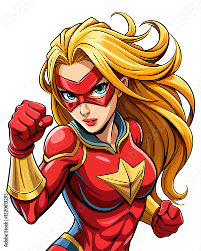 Pop art comic book style super heroine punching with female superhero costume poster design wall decoration illustration on a white background