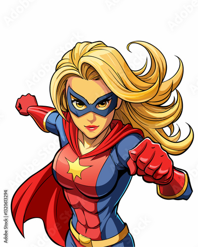 A white background pop art comic book style super heroine blonde punching with female superhero costume poster design.