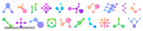 Colorful metaball shapes collection with gradient elements. Connected organic structures. Various molecular like patterns from simple curves to complex designs for digital interface projects.