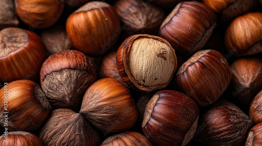 Close-up of a pile of hazelnuts. the nuts are of different sizes and shapes, with some being round and others being more irregularly shaped. Close-up of a pile of hazelnuts. the nuts are of different sizes and shapes, with some being round and others being more irregularly shaped.