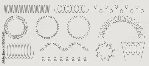 Spring coil shapes - zigzag lines, spiral circles, curved loops. Minimal black outline patterns showing mechanical flexibility. Different tension forms from tight compact to loose rounded designs.