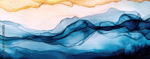 Ink illustration abstract background idea. Abstract waves in blue and orange tones for creative design and artistic projects.