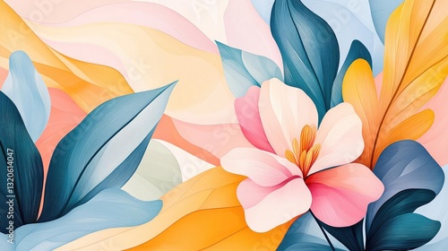 Floral illustration abstract background idea. Vibrant abstract floral design with colorful leaves and blossoms.